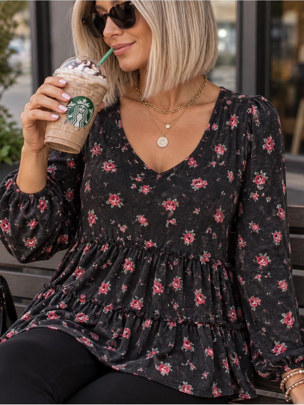 🛍️ 3 for $50 torrid Black Long-Sleeve Floral Tiered Peplum Top - Pink Rose Print